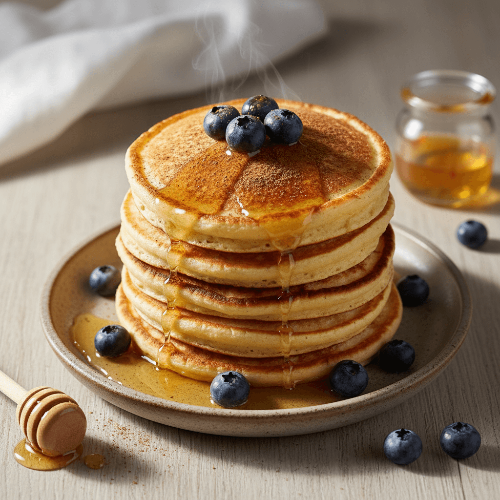 Stack of fluffy quark protein pancakes topped with fresh blueberries on a light wooden board