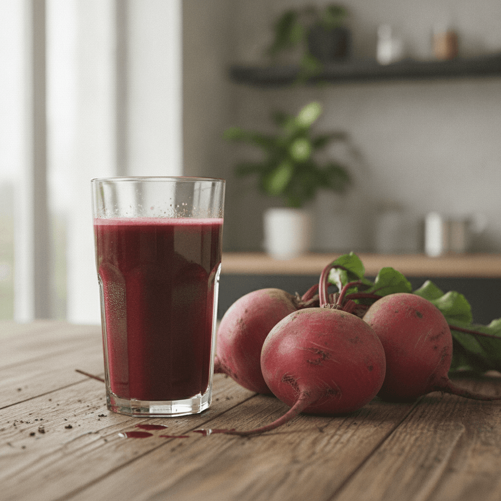 Frisch gepresster Rote-Bete-Saft in einem Glas neben rohen Roten Beten auf einer hellen Holzplatte