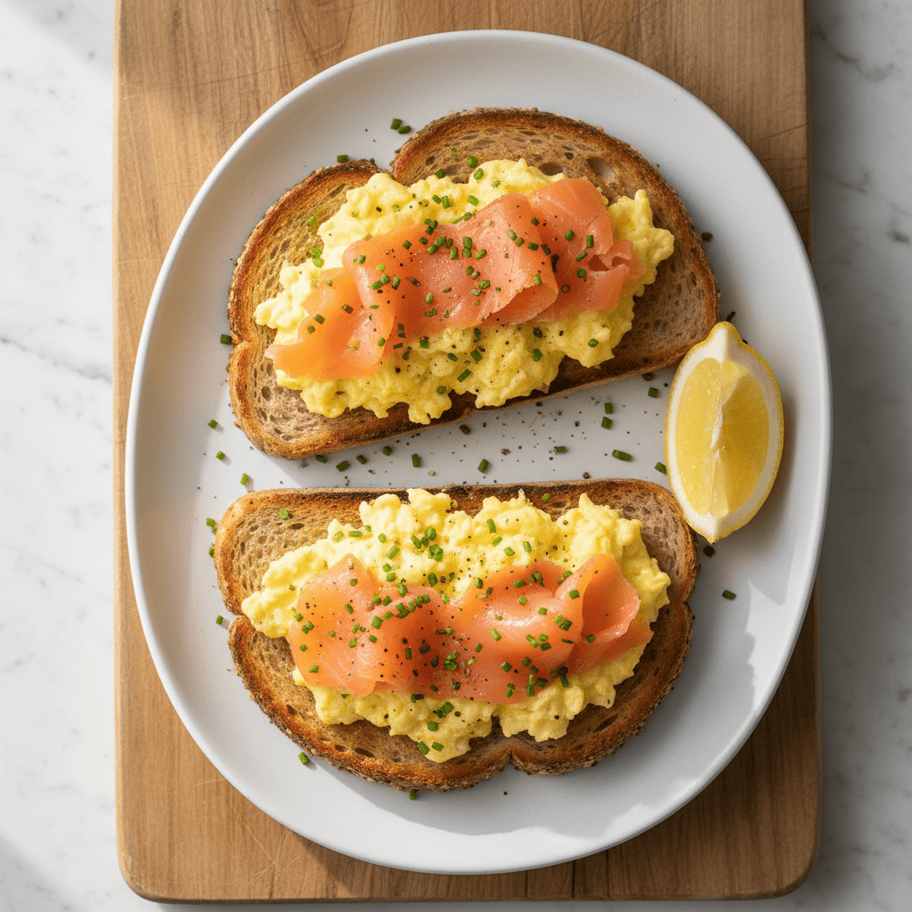 Cremiges Rührei mit Räucherlachs auf Vollkornbrot mit Schnittlauch und Pfeffer auf hellem Teller