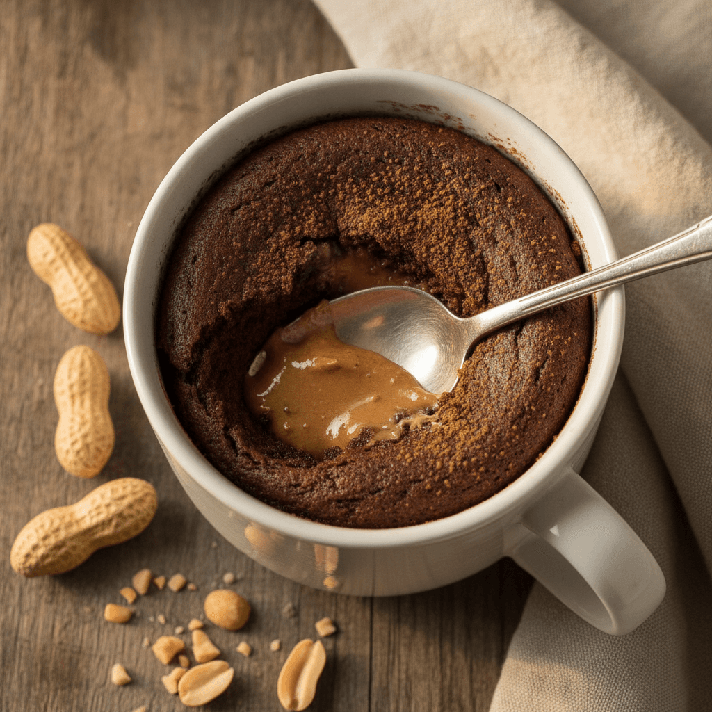 Schoko-Protein-Mug-Cake in weißer Tasse mit flüssigem Erdnussbutter-Kern und einem Löffel