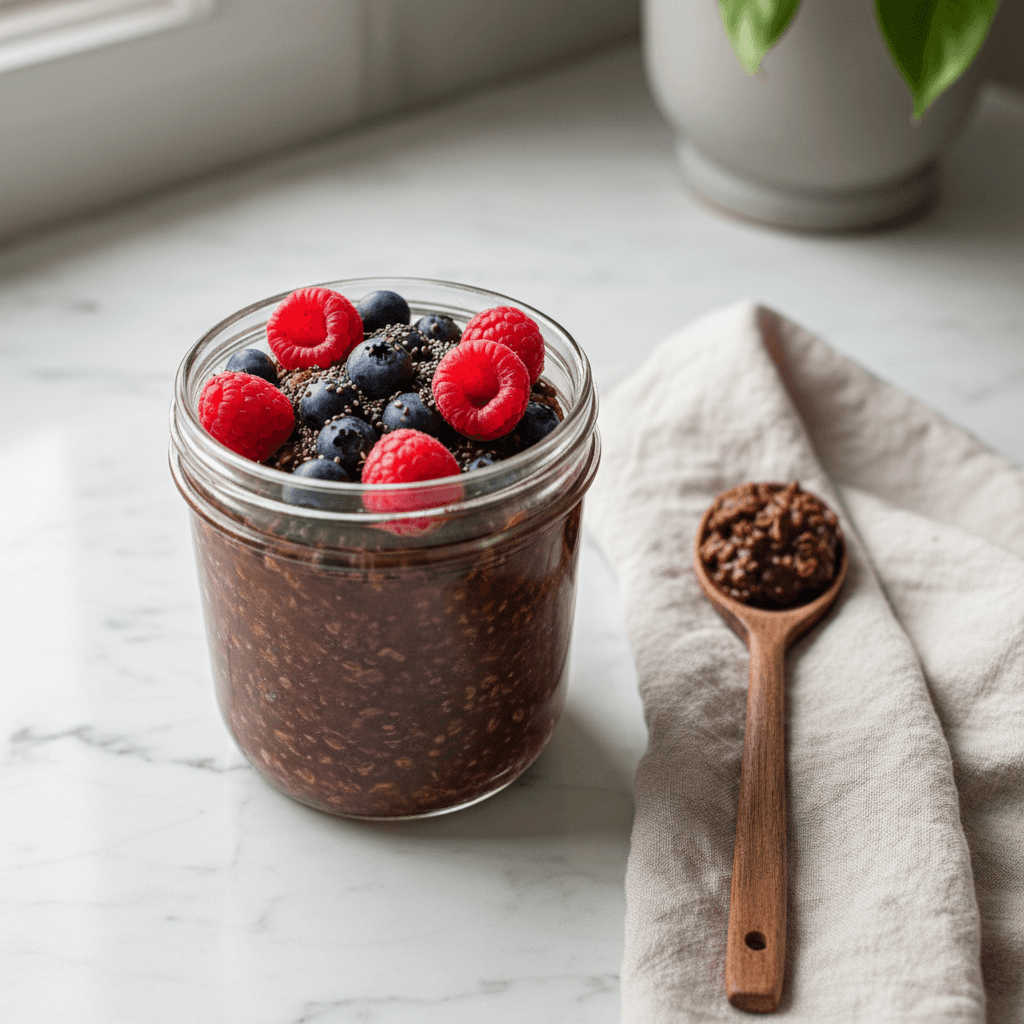 Glas mit Schoko-Protein-Overnight-Oats und frischen Beeren auf hellem Marmor
