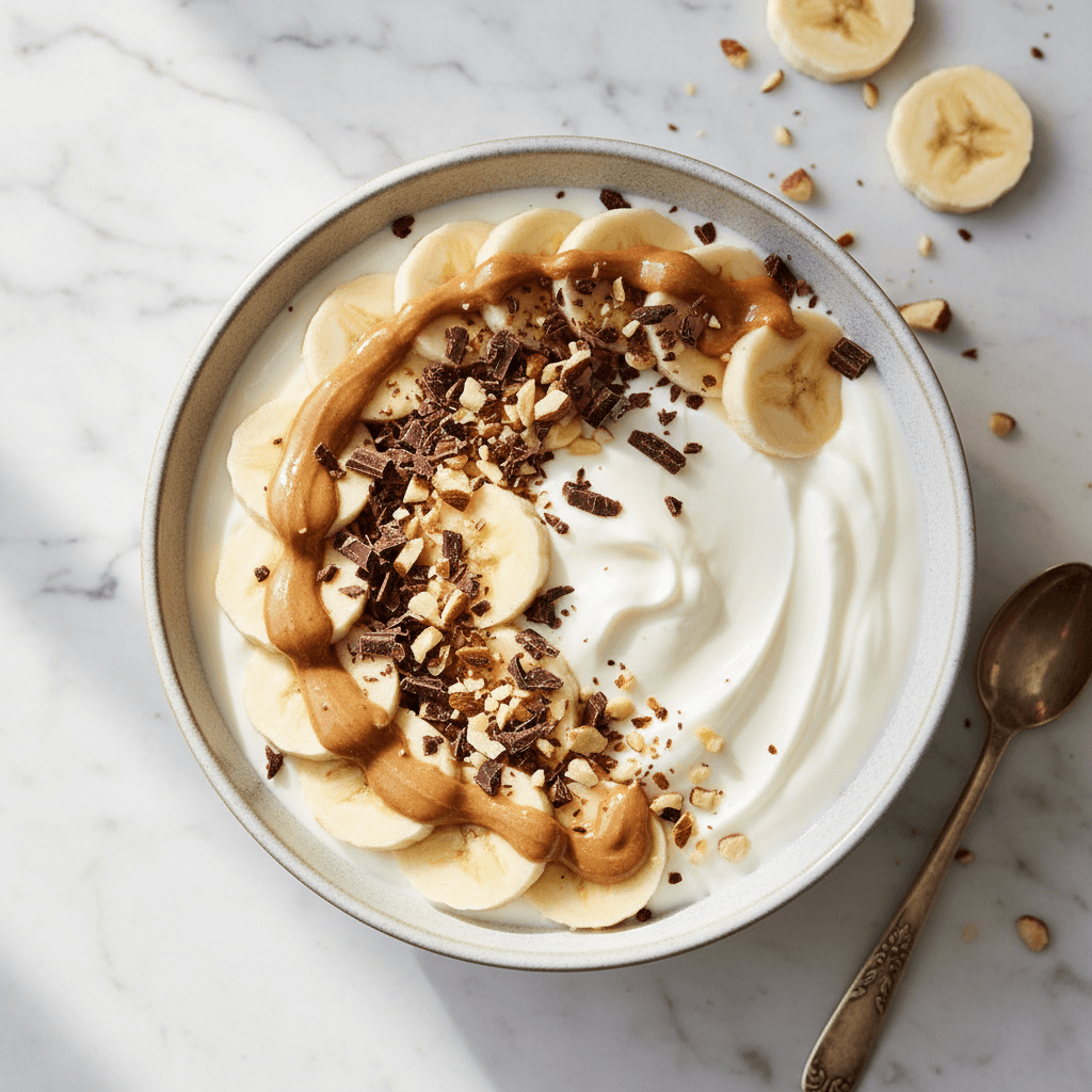 Schale Skyr mit Bananenscheiben, Erdnussbutter, dunkler Schokolade und Mandeln auf hellem Marmor