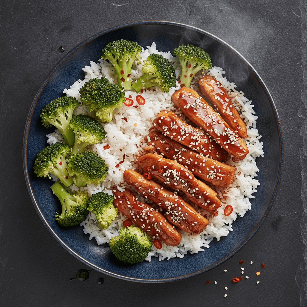 Teriyaki-Hähnchen mit glänzender Glasur, Brokkoli und Basmatireis in einer Schüssel mit Sesam bestreut