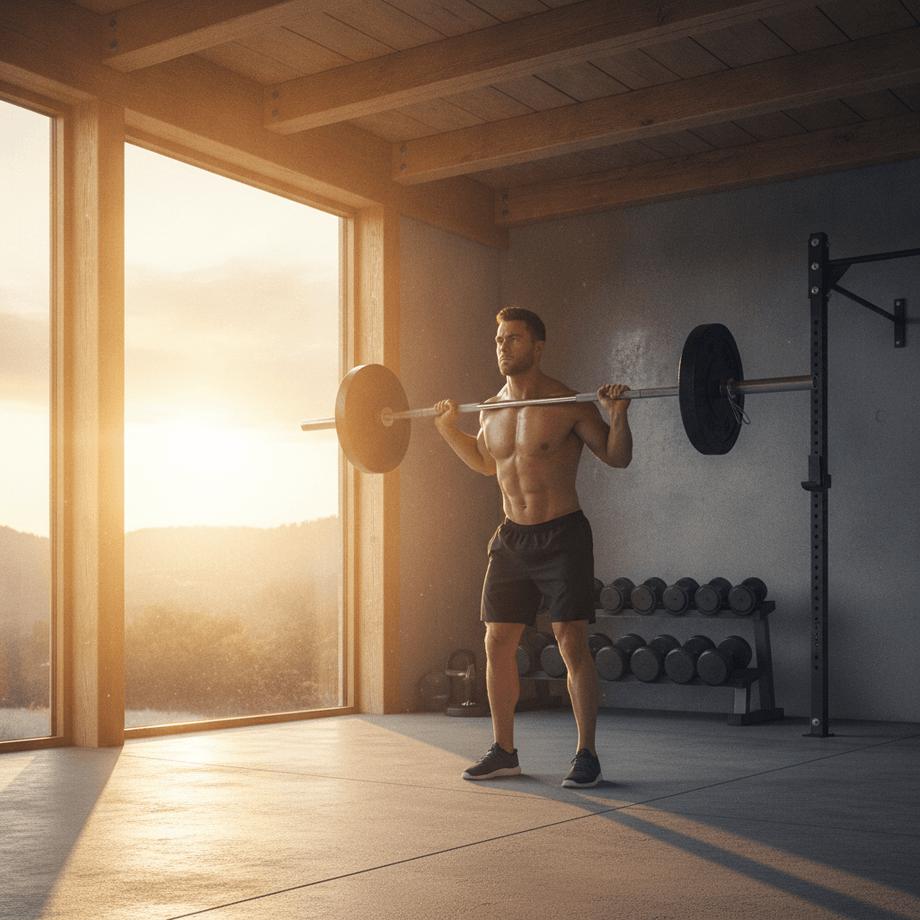 Mann macht Kniebeuge mit Langhantel im Home-Gym im warmen Morgenlicht