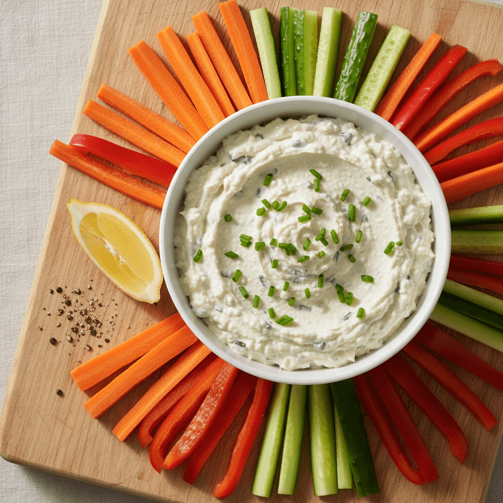 Cremiger Thunfisch-Quark-Dip im Schälchen mit Karotten-, Gurken- und Paprikasticks auf Holzbrett