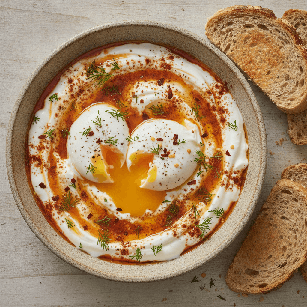 Zwei pochierte Eier auf cremigem Joghurt mit roter Paprikabutter, Dill und Chiliflocken in einer Schale, dazu Vollkornbrot