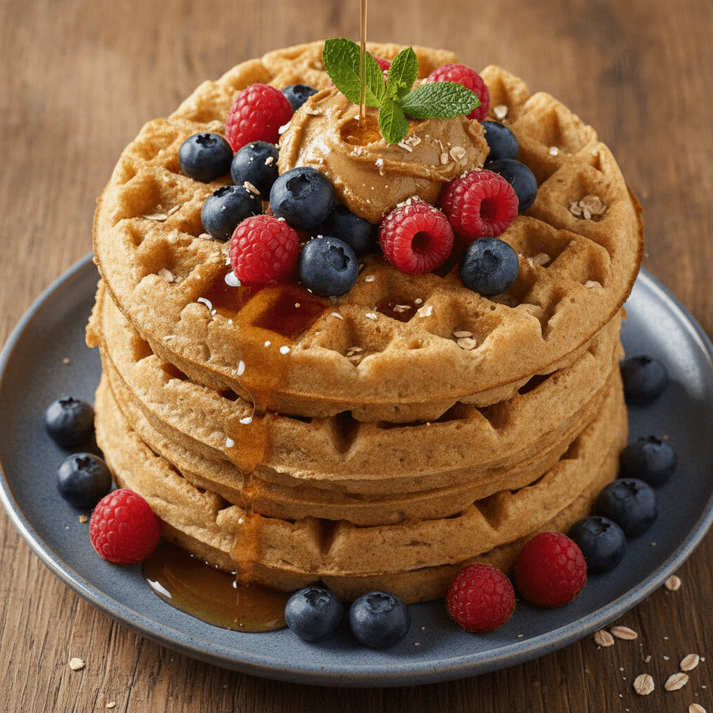 Stapel goldbrauner veganer Haferwaffeln mit frischen Beeren, Erdnussbutter und Ahornsirup auf einem Keramikteller