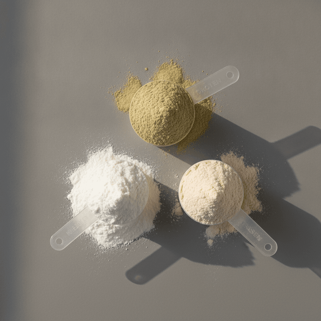 Trois types de proteine en poudre (whey, caseine, pois) dans des doseurs blancs sur fond gris de studio