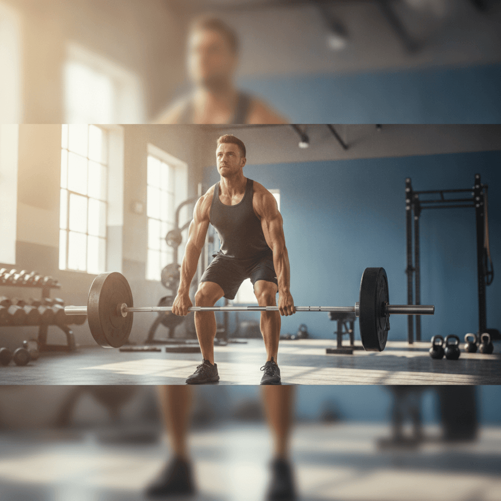 Atleta che impugna un bilanciere in palestra, sguardo concentrato in avanti, luce naturale laterale
