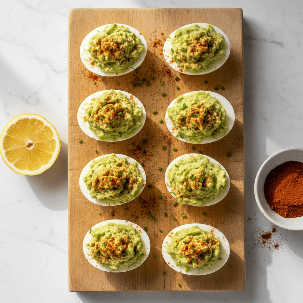 Acht halbierte Eier auf hellem Holzbrett, gefüllt mit cremiger Avocado-Hüttenkäse-Masse, bestreut mit Paprikapulver, Dill und Schnittlauch