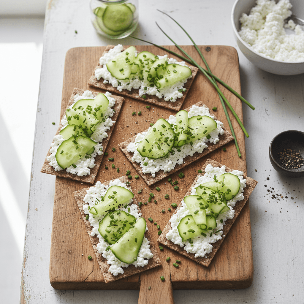 Vier Vollkorn-Knäckebrote mit cremigem Hüttenkäse, Gurkenscheiben und Schnittlauch