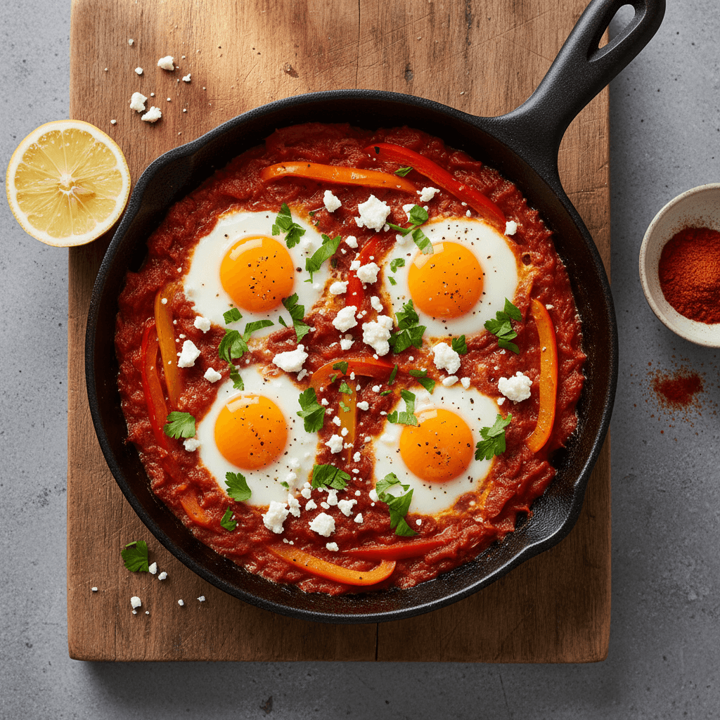 Shakshuka in dunkler Gusseisenpfanne mit pochierten Eiern, roter Paprika, Feta und frischer Petersilie