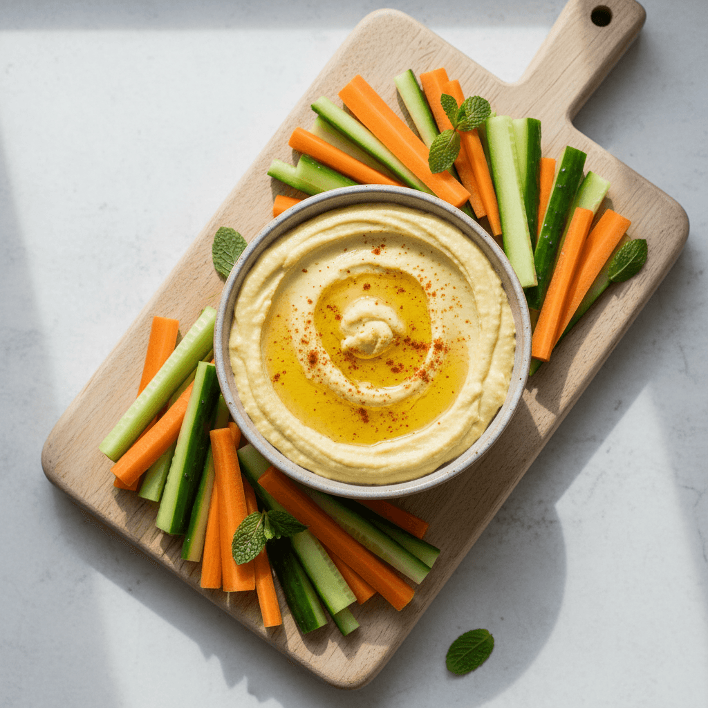 Schale cremiger Zitronen-Hummus mit Karotten- und Gurkensticks