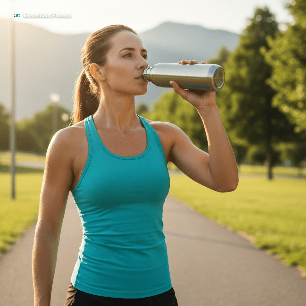 Sportler trinkt während des Trainings aus einer Wasserflasche