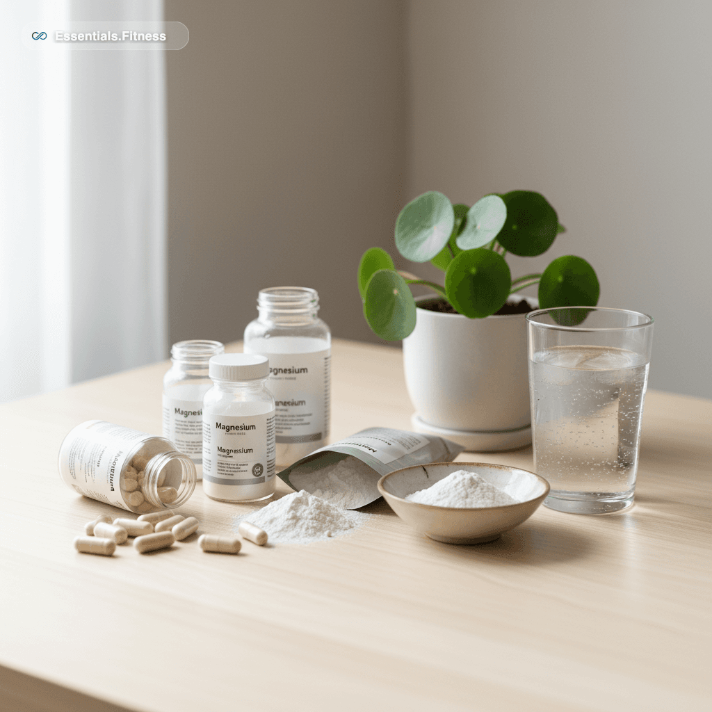 Different magnesium capsules and powder on a wooden surface next to a glass of water