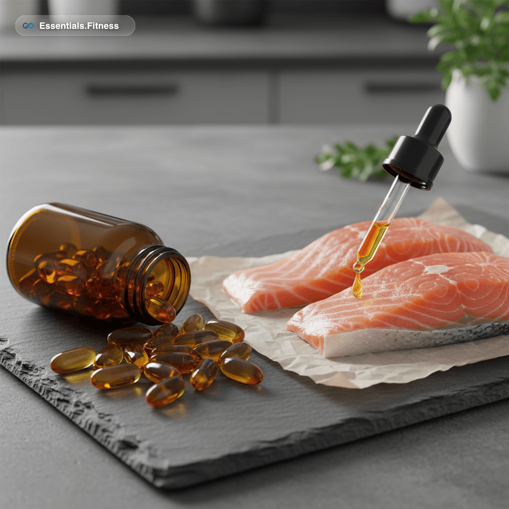 Dunkle Glasflasche mit Fischöl-Kapseln neben frischen Lachsfilets auf einem Schieferbrett, daneben eine Pipette mit klarem goldenen Öl
