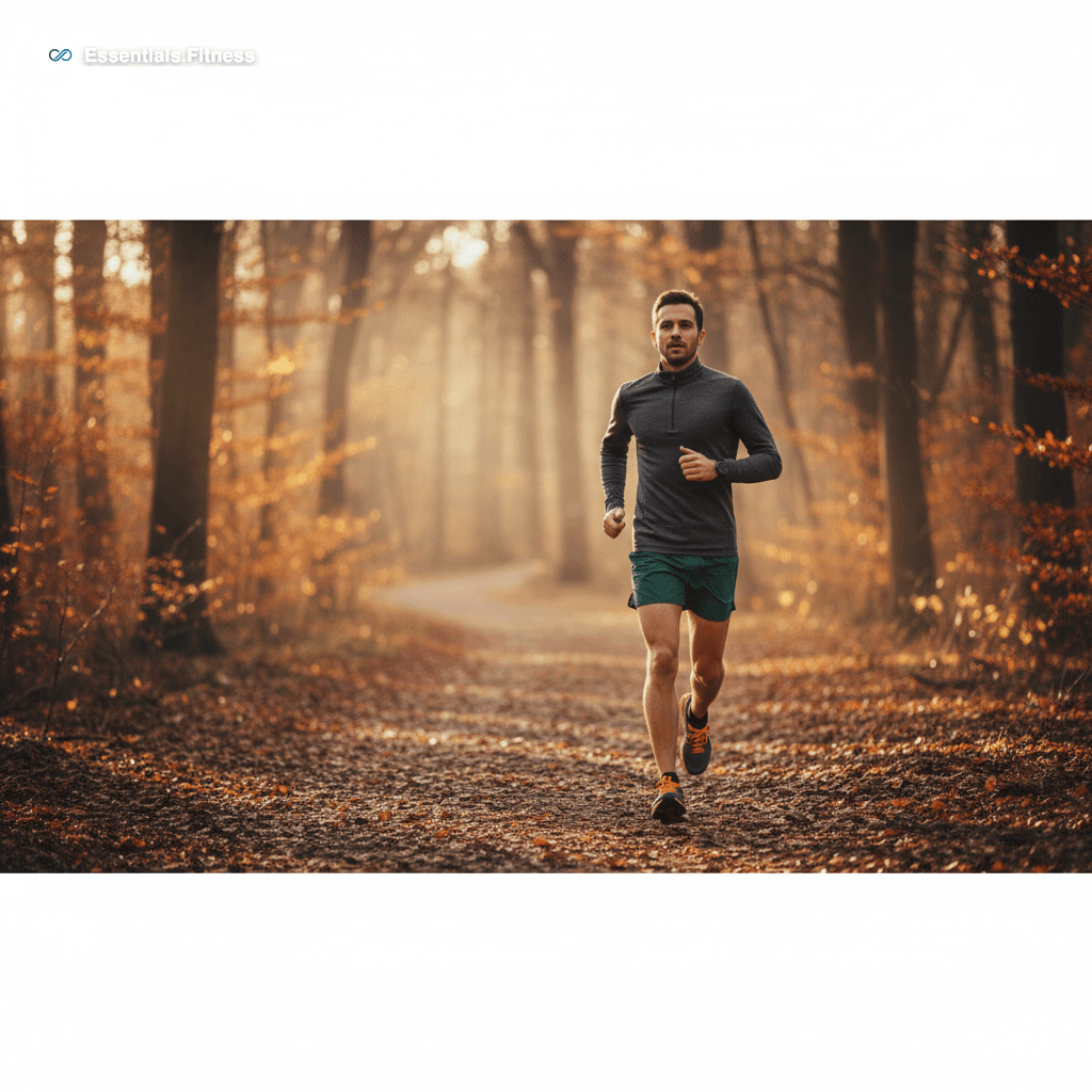Läufer beim Zone 2 Training auf Waldweg im Abendlicht mit GPS-Fitnessuhr