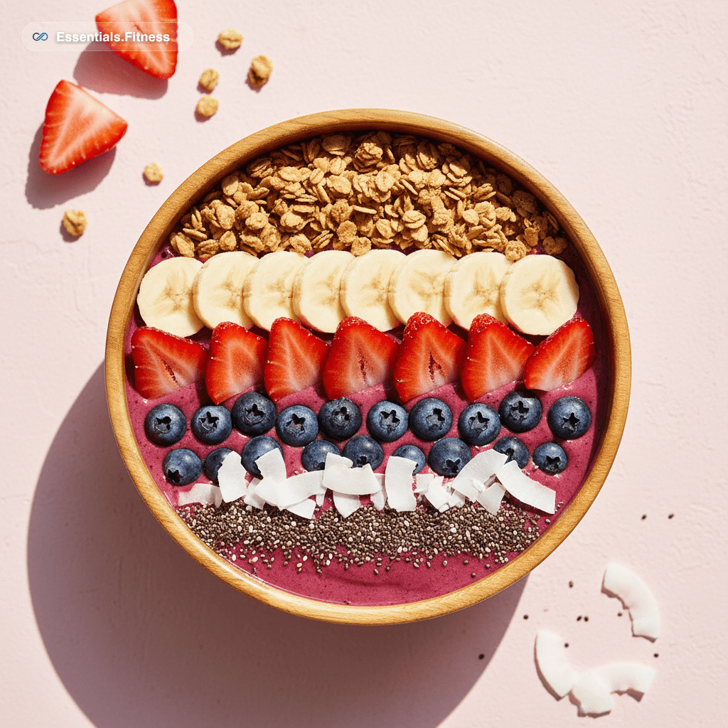 Lila Açaí-Bowl in Holzschale mit Bananenscheiben, Beeren, Granola und Kokoschips streifenweise angerichtet