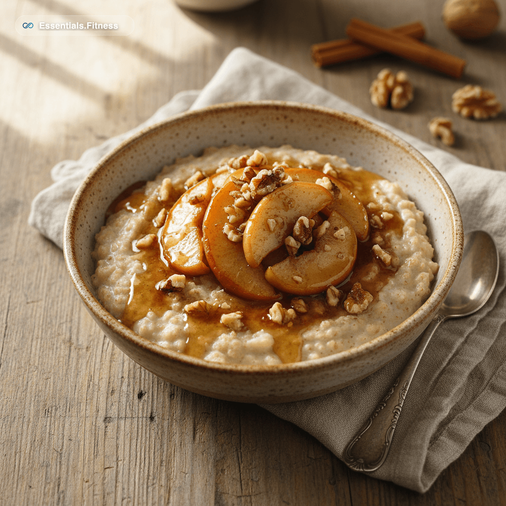 Schale mit cremigem Porridge, gedünsteten Apfelwürfeln, Zimt und gehackten Walnüssen