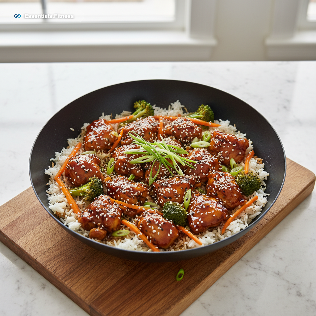 Asia-Hähnchen-Reispfanne mit Brokkoli, Karotten und Sesam in einem dunklen Wok