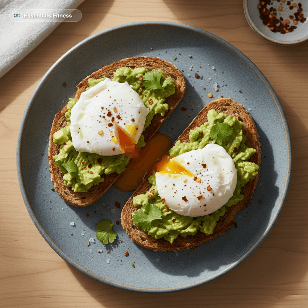 Zwei Vollkorntoasts mit cremiger Avocado, pochiertem Ei und Chiliflocken