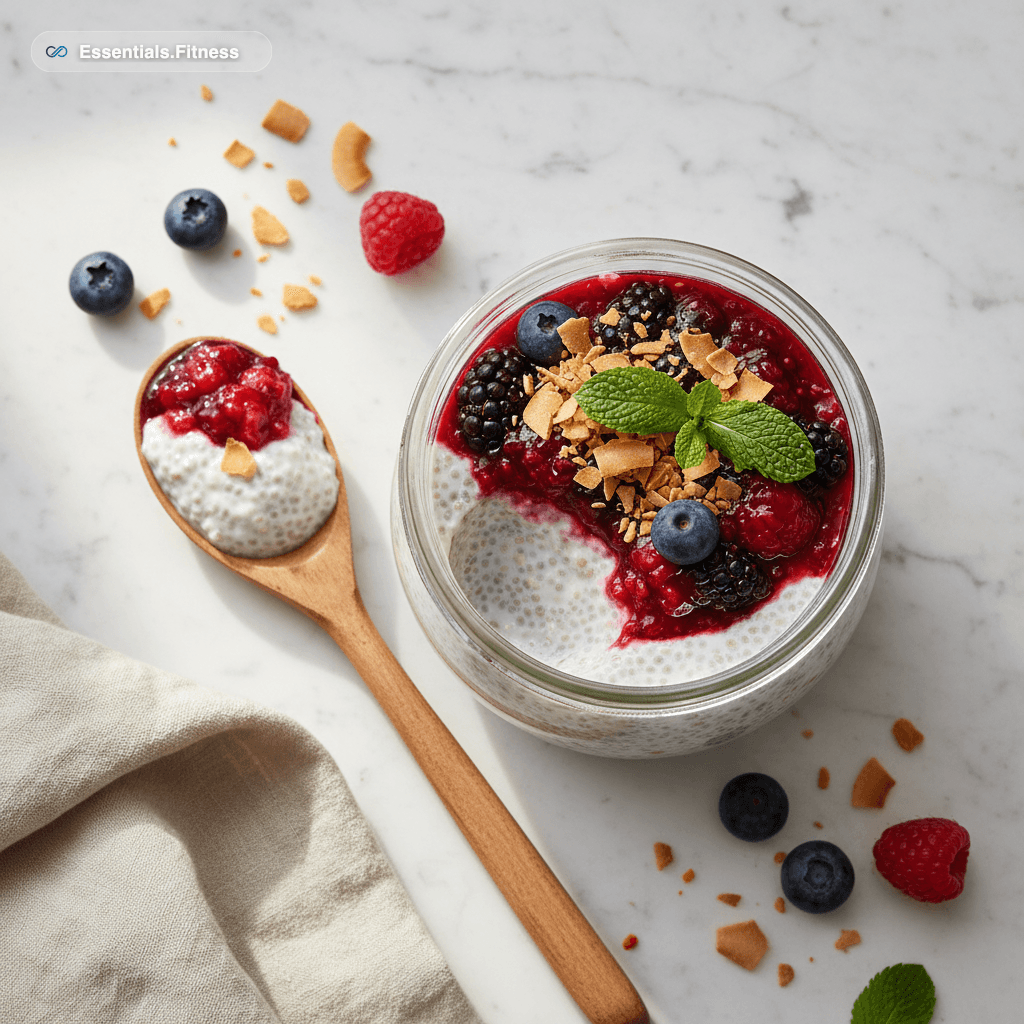 Glas mit cremigem Chia-Pudding, Beerenkompott und Kokoschips