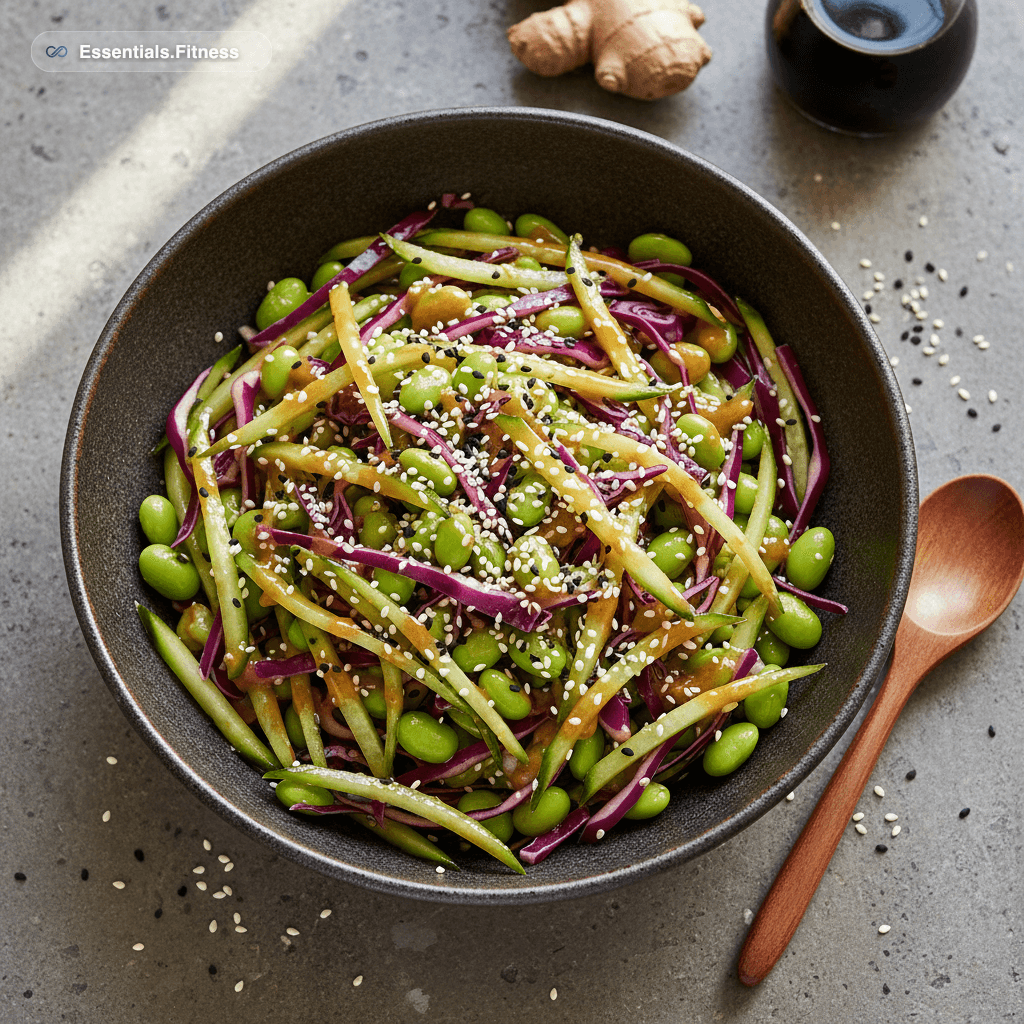 Bunte Schale mit grünen Edamame, fein gehobeltem Rotkohl, Gurkenstiften und gerösteten Sesamkörnern