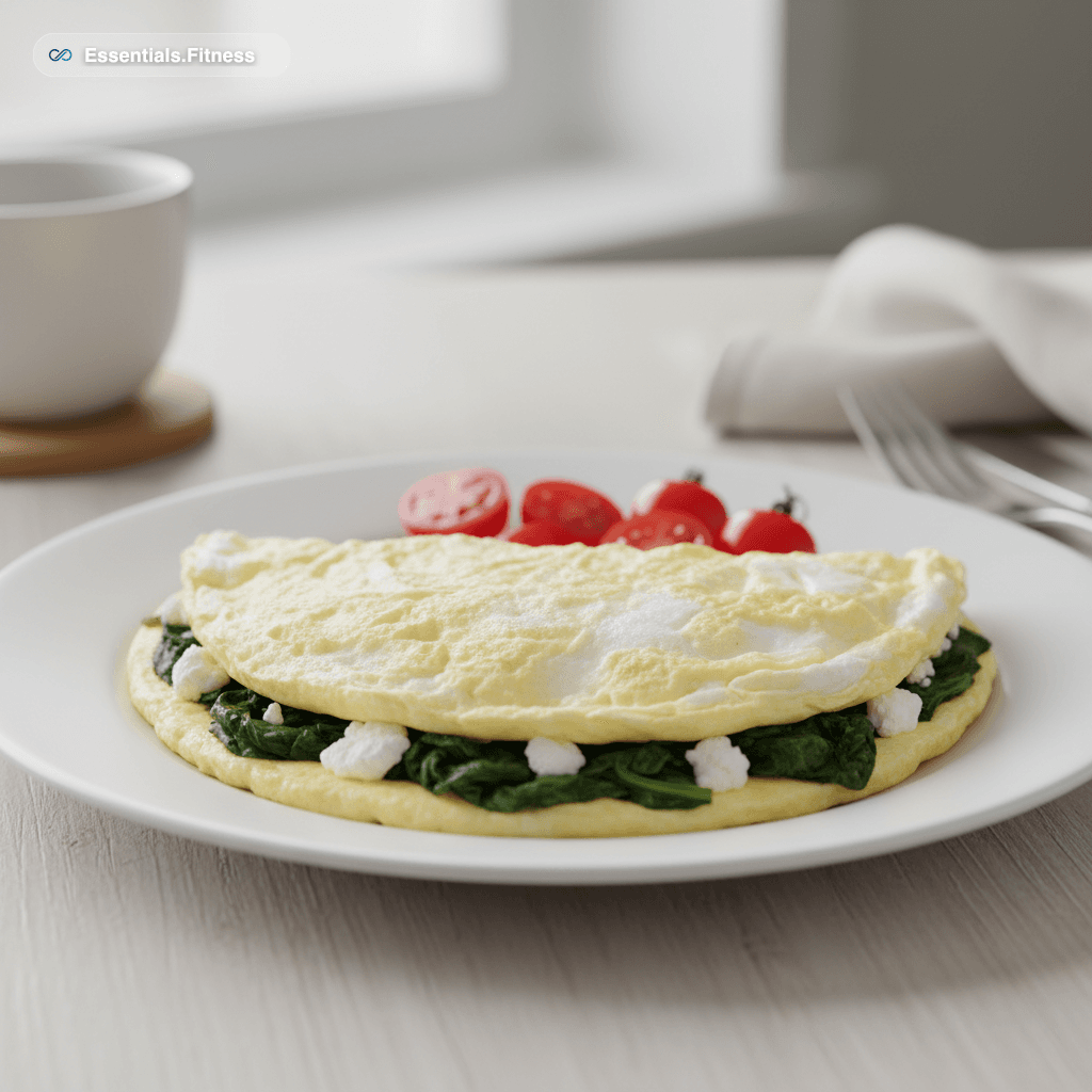 Fluffiges Eiweiß-Omelette mit Spinat und zerbröseltem Feta auf weißem Teller, Cherrytomaten daneben