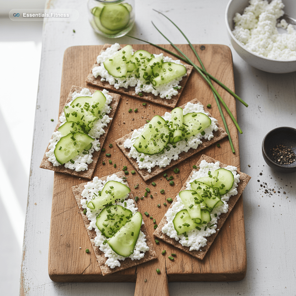 Vier Vollkorn-Knäckebrote mit cremigem Hüttenkäse, Gurkenscheiben und Schnittlauch