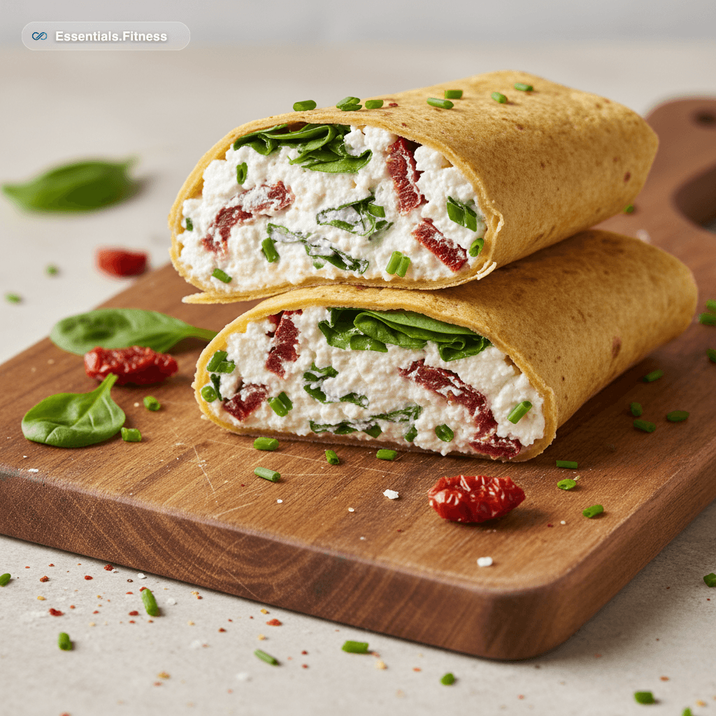 Zwei diagonal halbierte Low-Carb-Wraps mit cremiger Hüttenkäse-Füllung, getrockneten Tomaten und Spinat