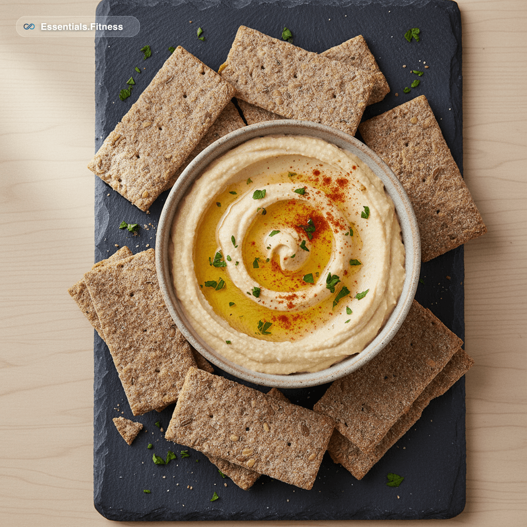 Schüssel cremiges Hummus mit Olivenöl, Paprika und Petersilie, daneben Vollkorn-Knäckebrot auf Schieferplatte