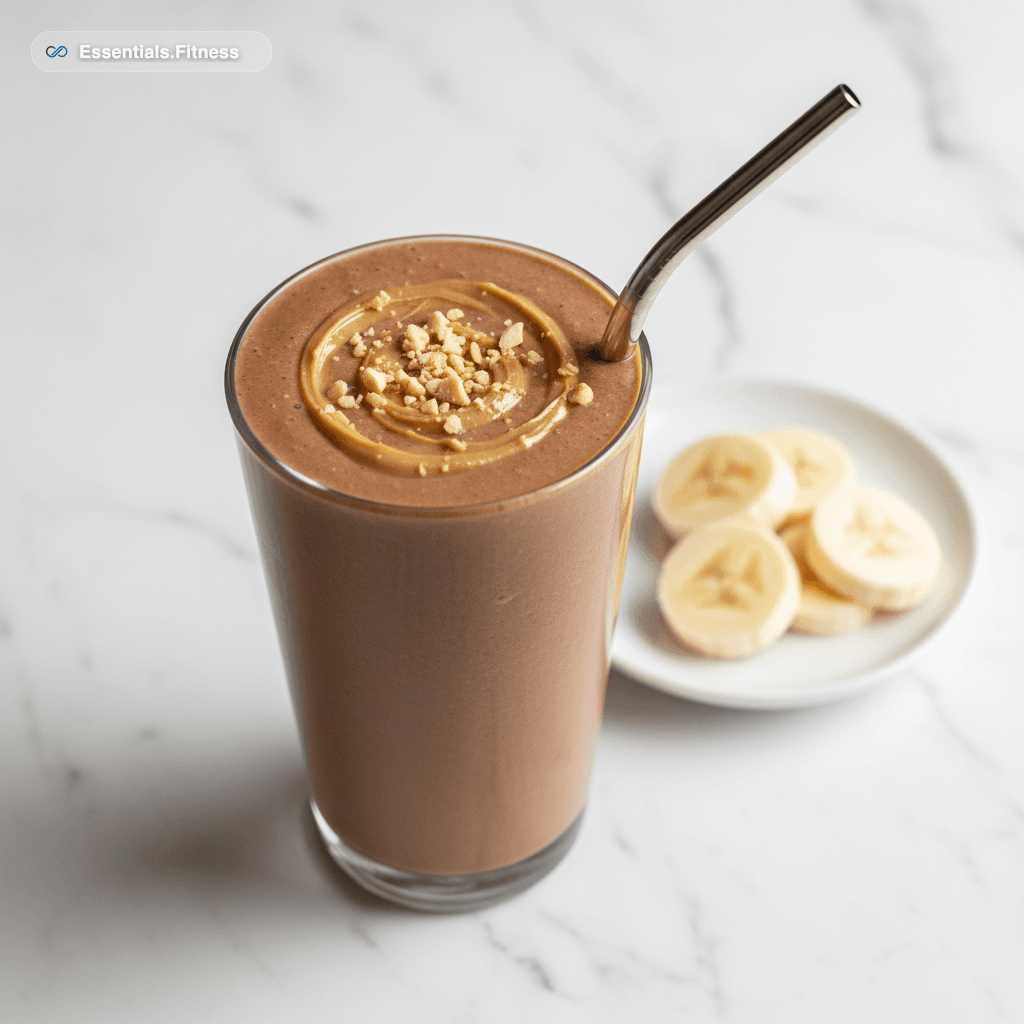 Hohes Glas mit dickem Schoko-Banane-Smoothie und einem Klecks Erdnussbutter obenauf