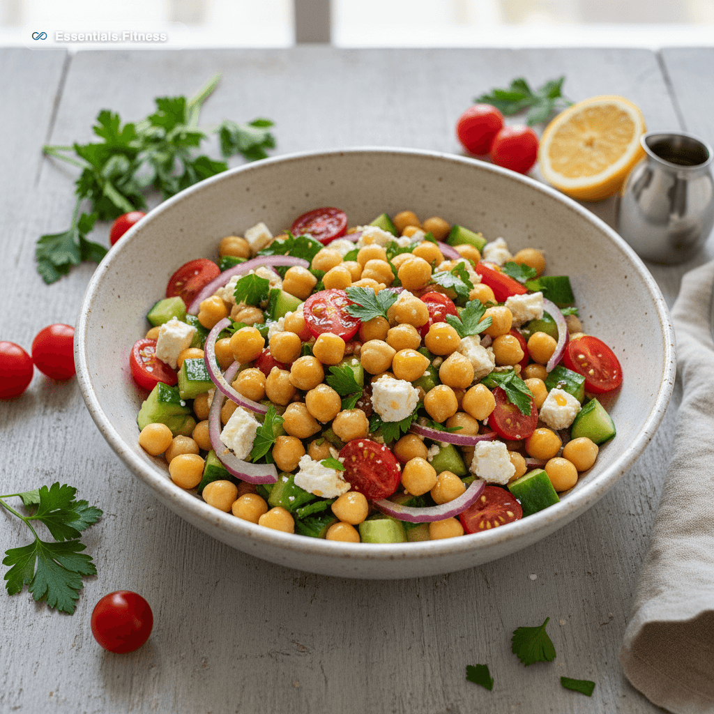 Bunter Salat mit Kichererbsen, zerbröseltem Feta, Kirschtomaten, Gurke und Petersilie in einer Keramikschale
