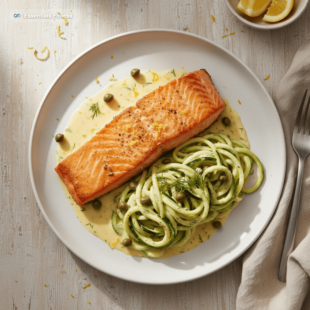 Lachsfilet mit knuspriger Haut auf Zucchini-Nudeln in cremiger Zitronen-Dill-Sauce mit Kapern