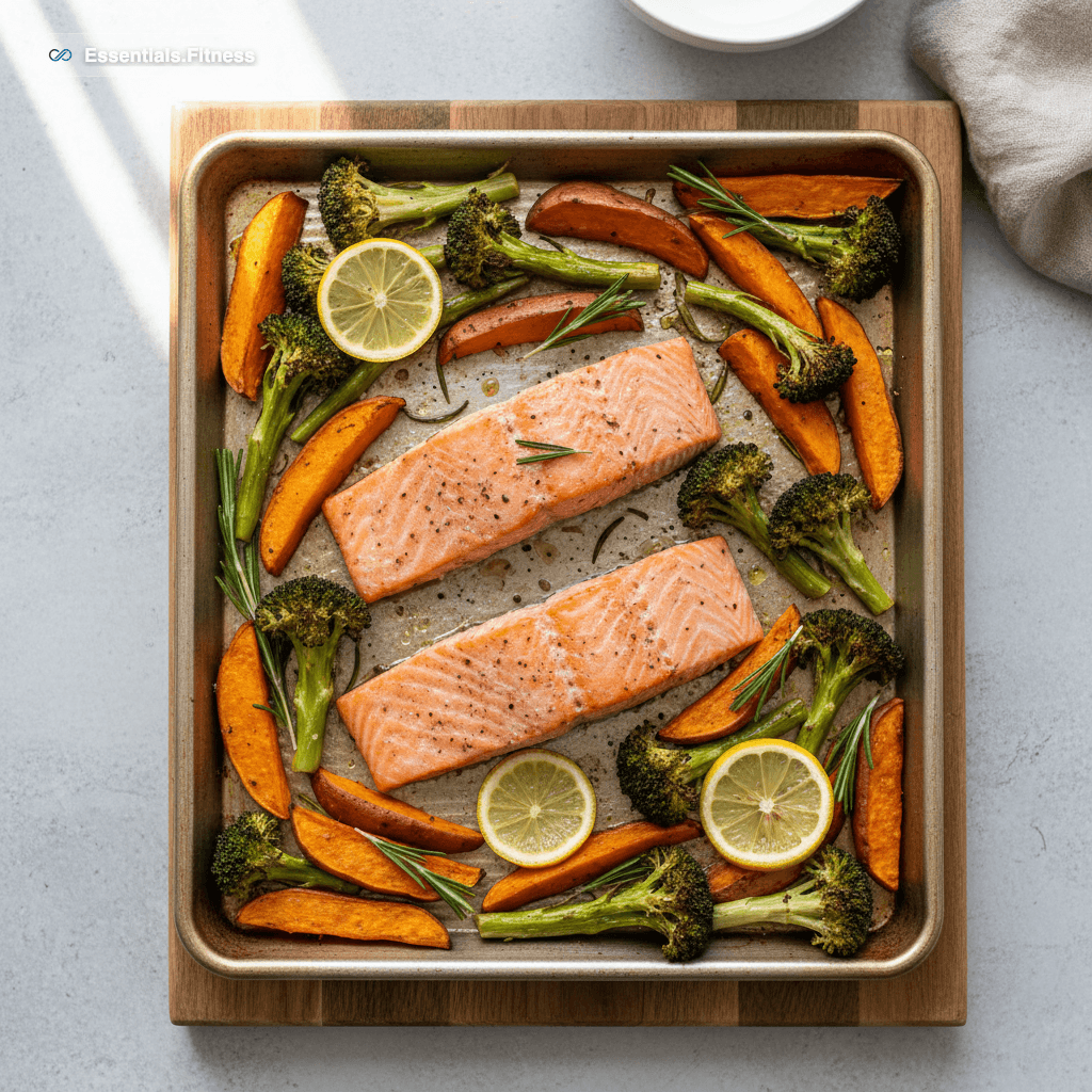 Backblech mit Lachsfilets, Süßkartoffel-Spalten, Brokkoli, Zitronenscheiben und Rosmarin