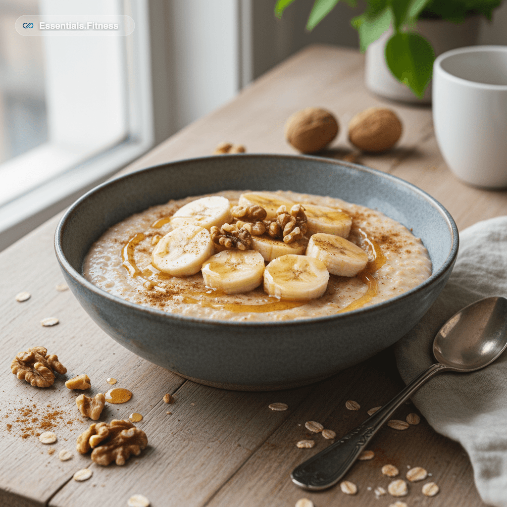 Cremige Schüssel Protein-Porridge mit Bananenscheiben, Walnüssen und Honig