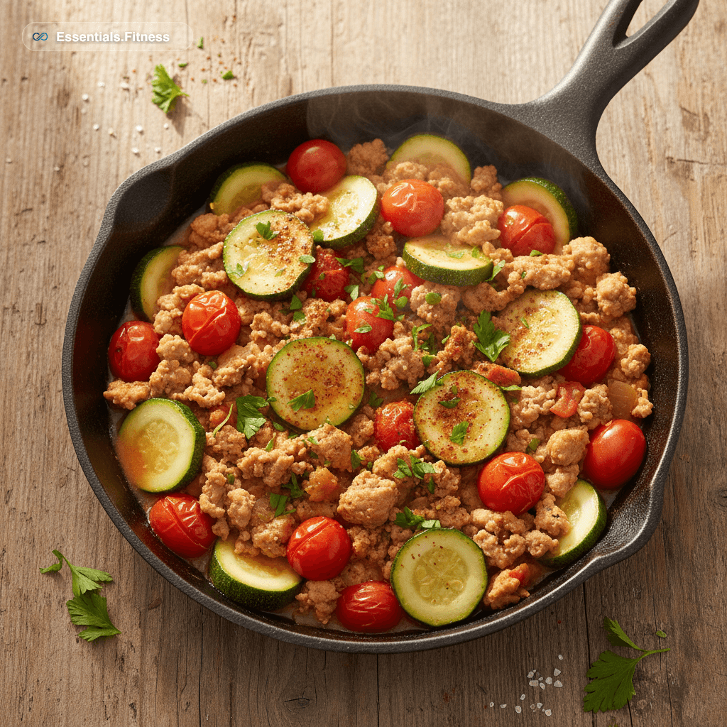 Pfanne mit Putenhack, Zucchini-Halbmonden und Kirschtomaten, garniert mit Petersilie