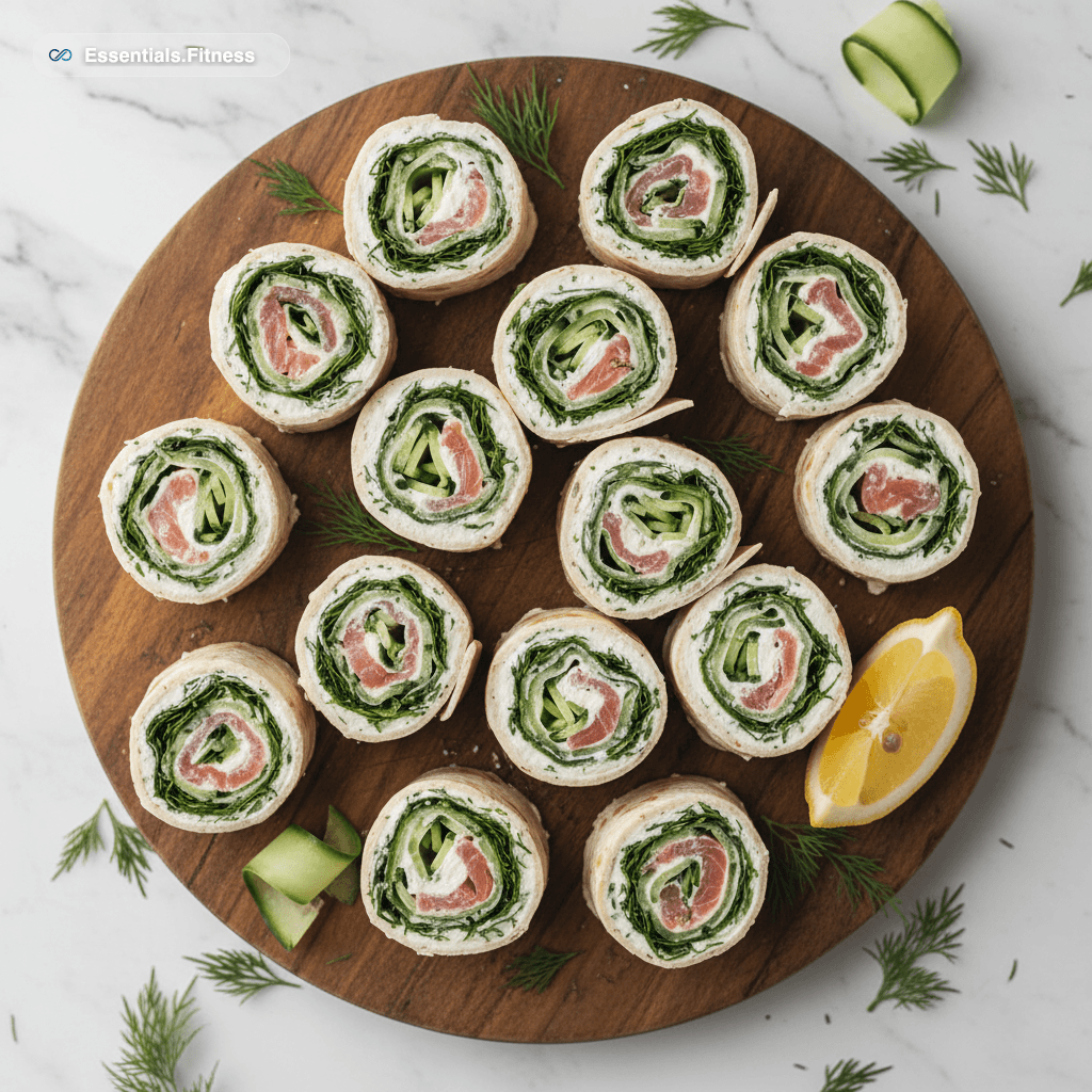 Pinwheels aus Low-Carb-Wraps mit Räucherlachs, Frischkäse und Gurkenstreifen auf einem Holzbrett