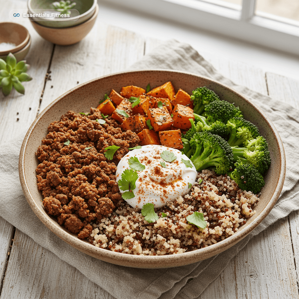 Bowl mit Rinderhack, gerösteten Süßkartoffel-Würfeln, Brokkoli und einem Klecks griechischem Joghurt