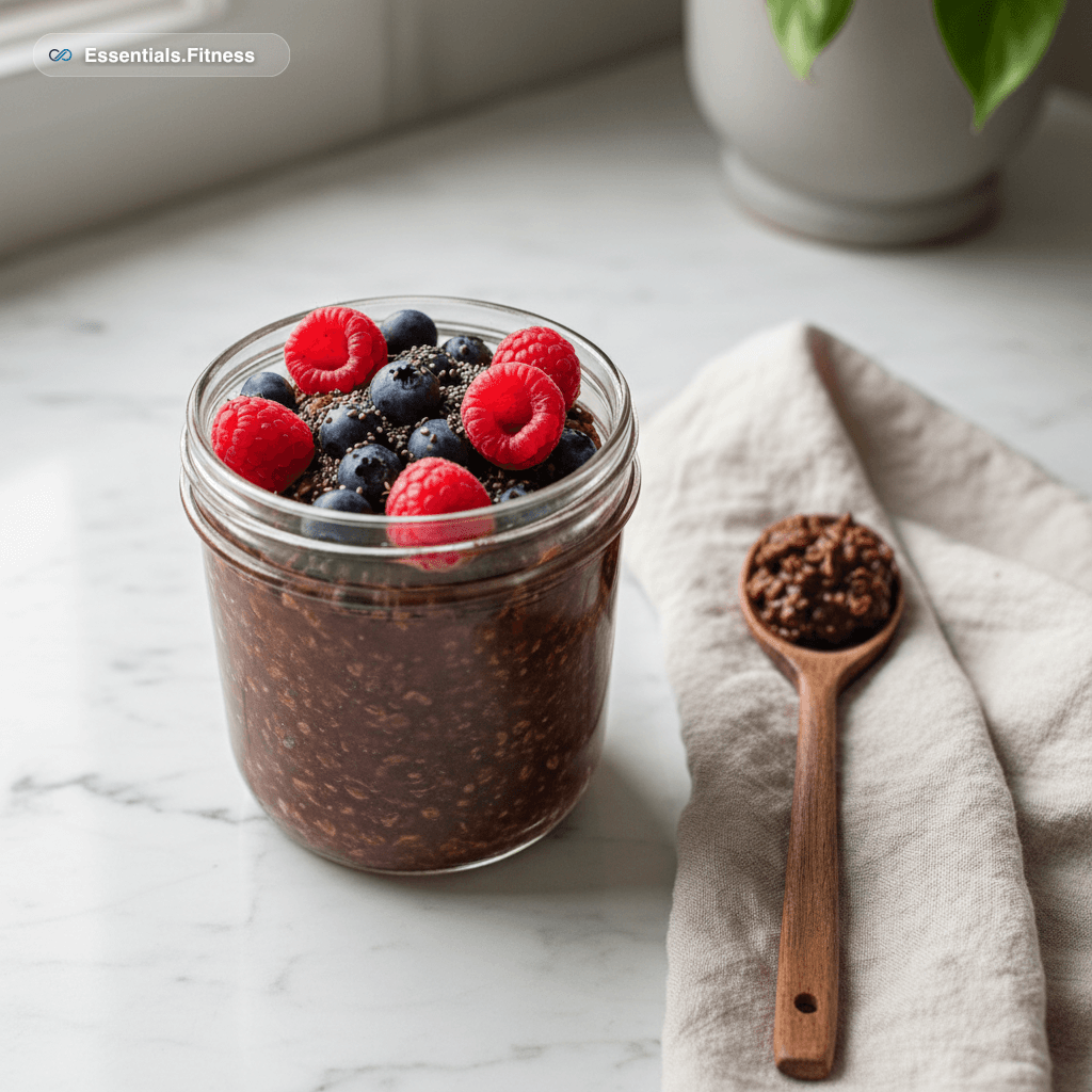 Chocolade-proteïne overnight oats met bessen