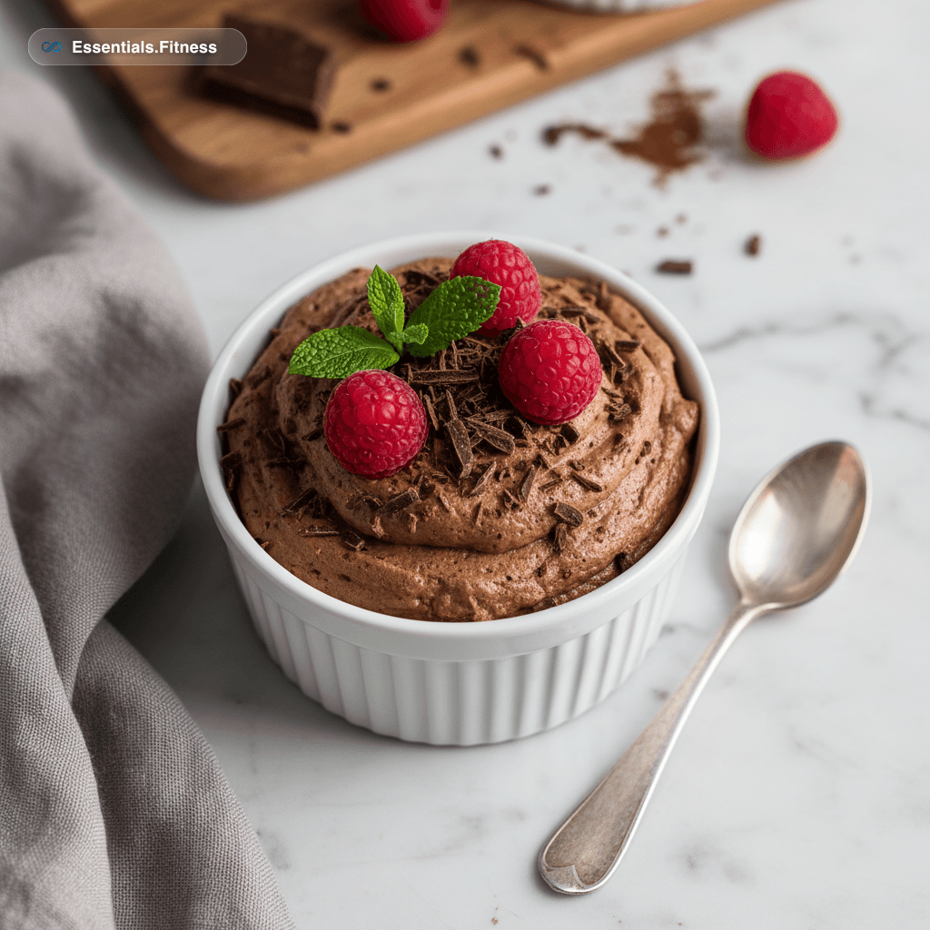 Glas mit fluffiger Schoko-Quark-Mousse, Schokoraspeln und Himbeeren