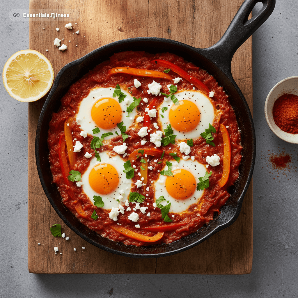 Shakshuka in dunkler Gusseisenpfanne mit pochierten Eiern, roter Paprika, Feta und frischer Petersilie