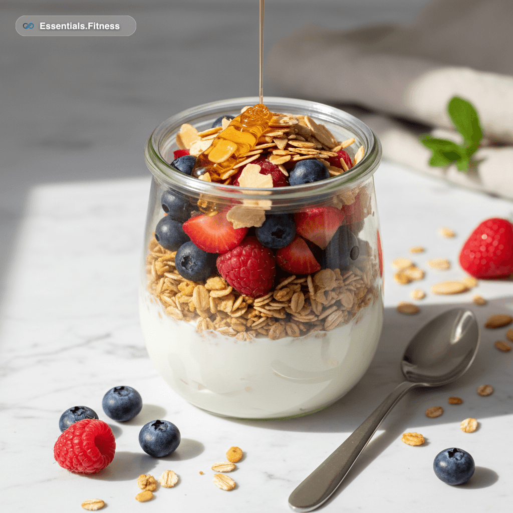 Glas mit Skyr-Schichten, frischen Beeren, Granola und gehackten Mandeln