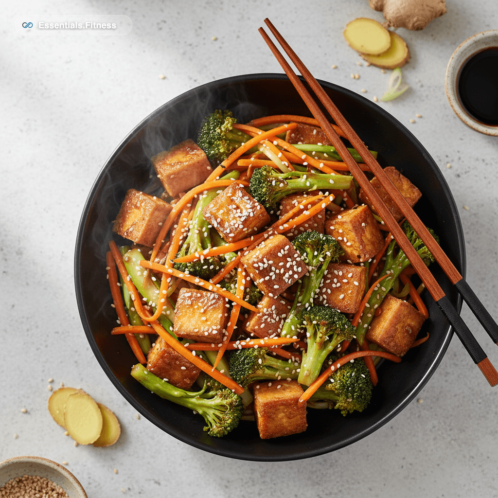 Stir-Fry mit goldenem Tofu, Brokkoli, Karottenstiften und gerösteten Sesamkörnern in einer schwarzen Schale