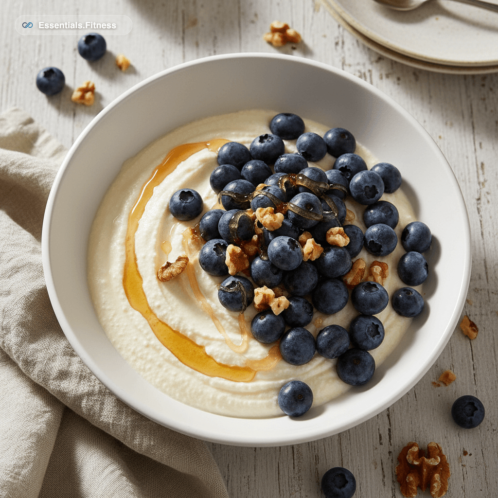Schale mit cremigem Vanille-Quark, frischen Heidelbeeren, Walnüssen und Honig