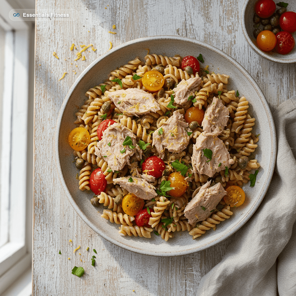 Vollkorn-Pasta mit Thunfischflocken, halbierten Kirschtomaten, Kapern und Petersilie
