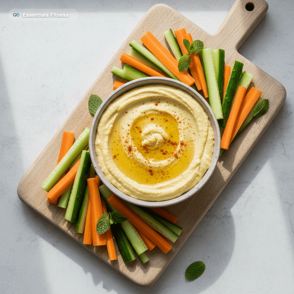Schale cremiger Zitronen-Hummus mit Karotten- und Gurkensticks