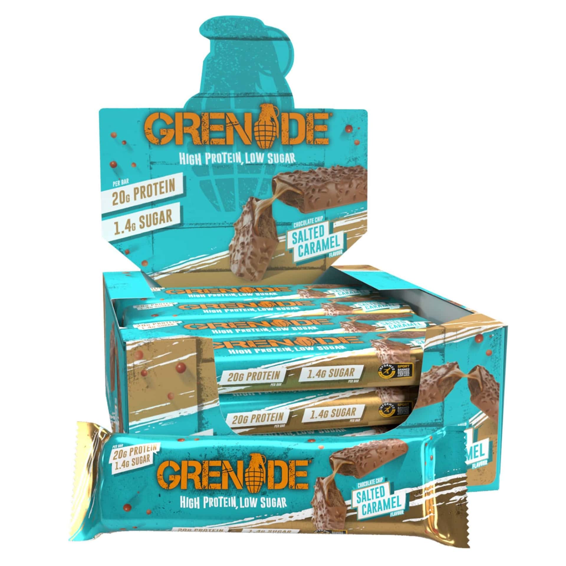 Grenade High Protein, Low Sugar Bar - Chocolate Chip Salted Caramel, 12 x 60 g