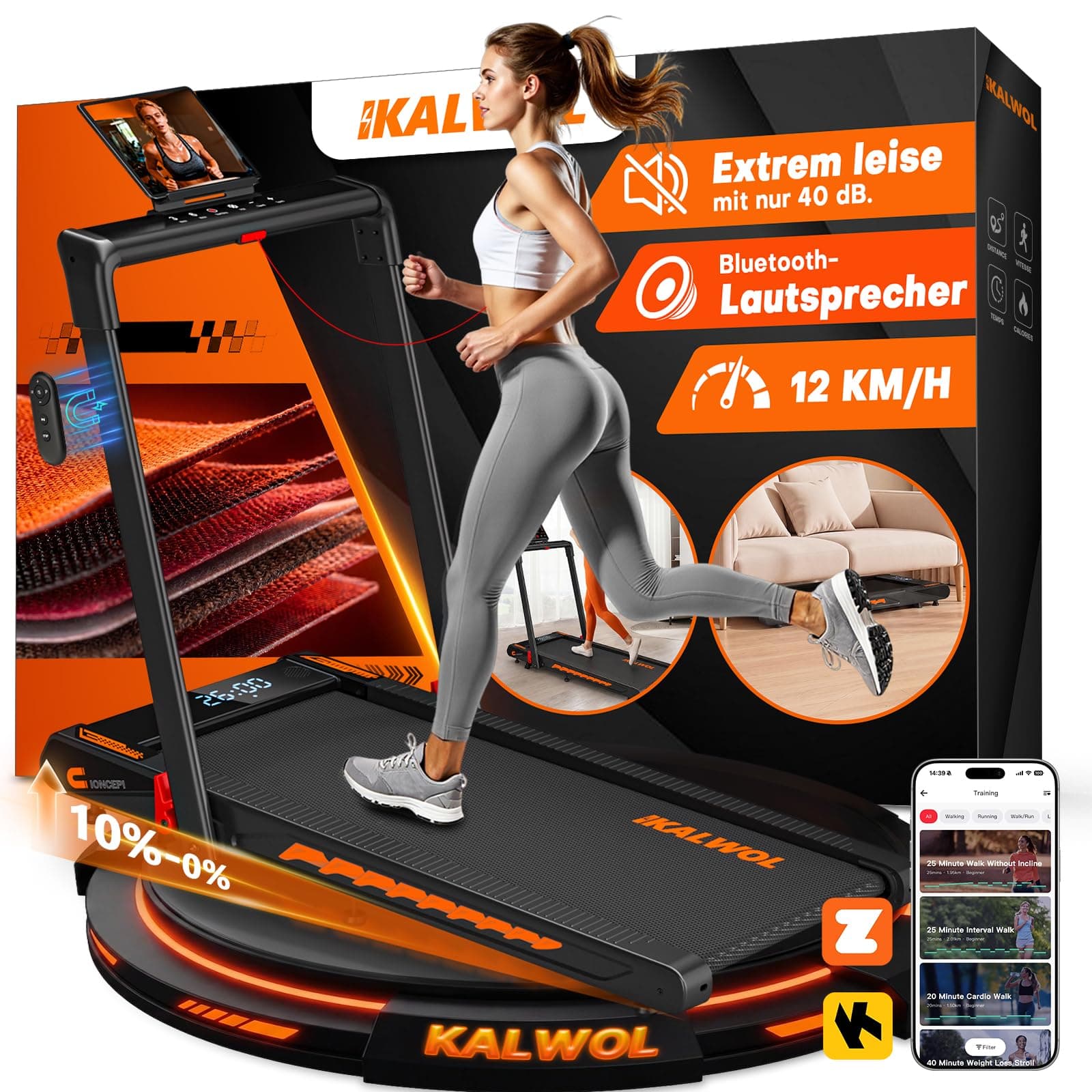 KALWOL Laufband für Zuhause mit Bluetooth Lautsprecher